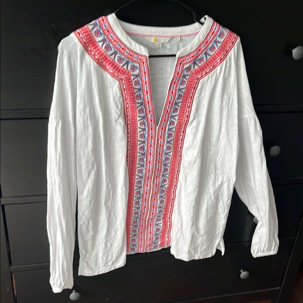 Boden White Peasant Blouse with Coral and Blue Embroidery